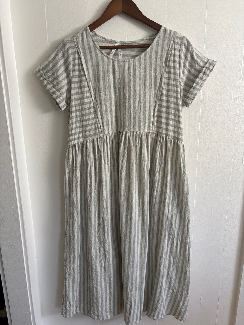 Seraphine Maternity and Nursing Friendly Striped Short-Sleeve Cotton Linen Dress